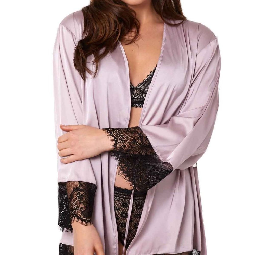 Pink Satin Kimono Robe with Lace Trims
